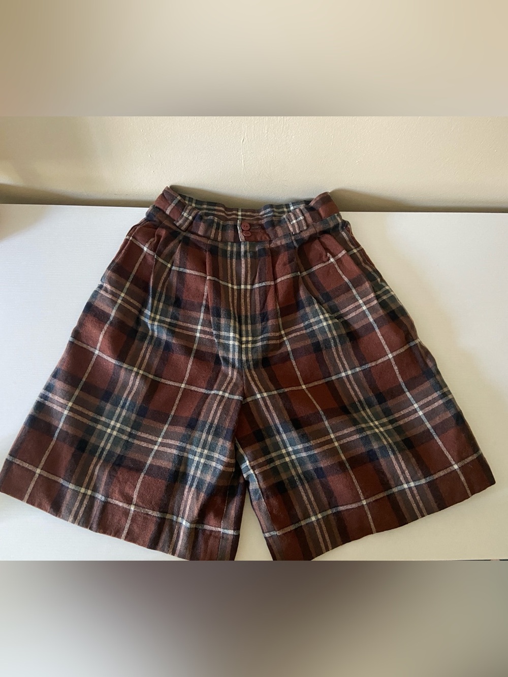 Vintage Brown Plaid Bermudas Pleated Shorts
